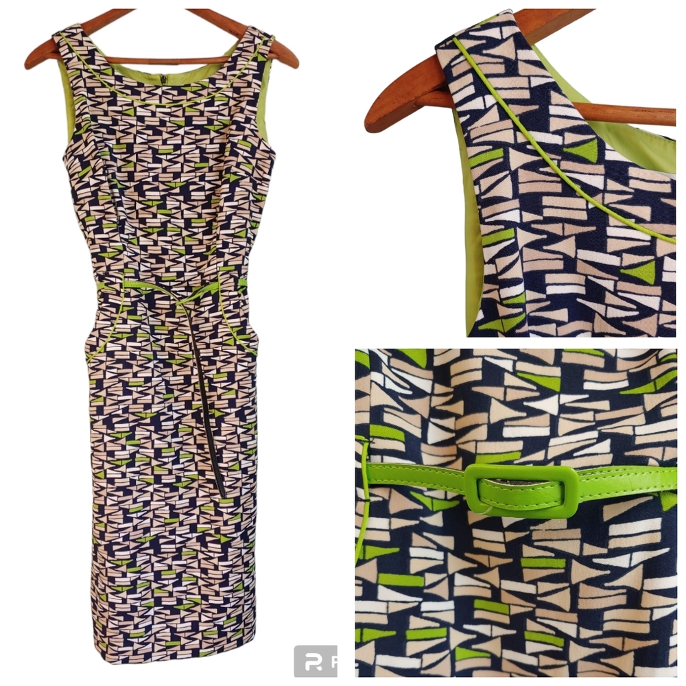 London Times Blue Green Belted Sleeveless Shift Dress - Size 6, NWT - Geometric